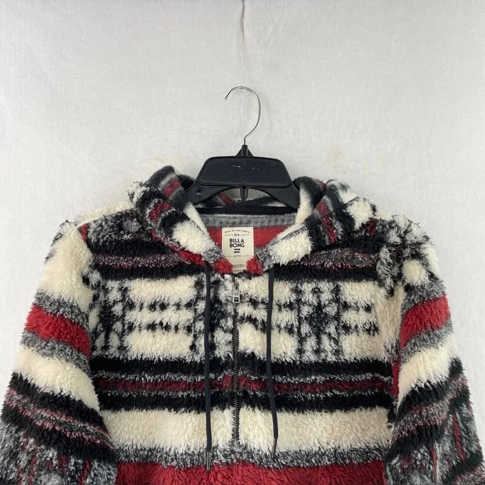 Billabong Fleece Jacket Women's S Red Ivory Aztec Tribal Print Hooded Pullover - Picture 7 of 13